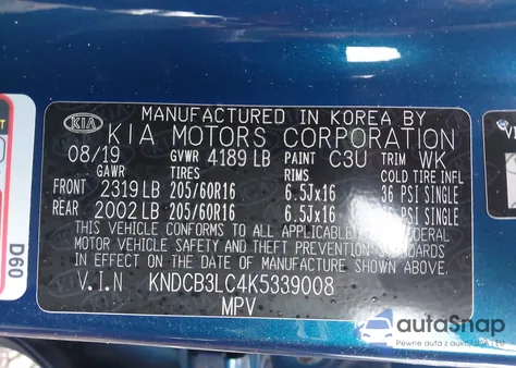 2019 Kia Niro Lx z USA, uszkodzony, nr VIN KNDCB3LC4K5339008